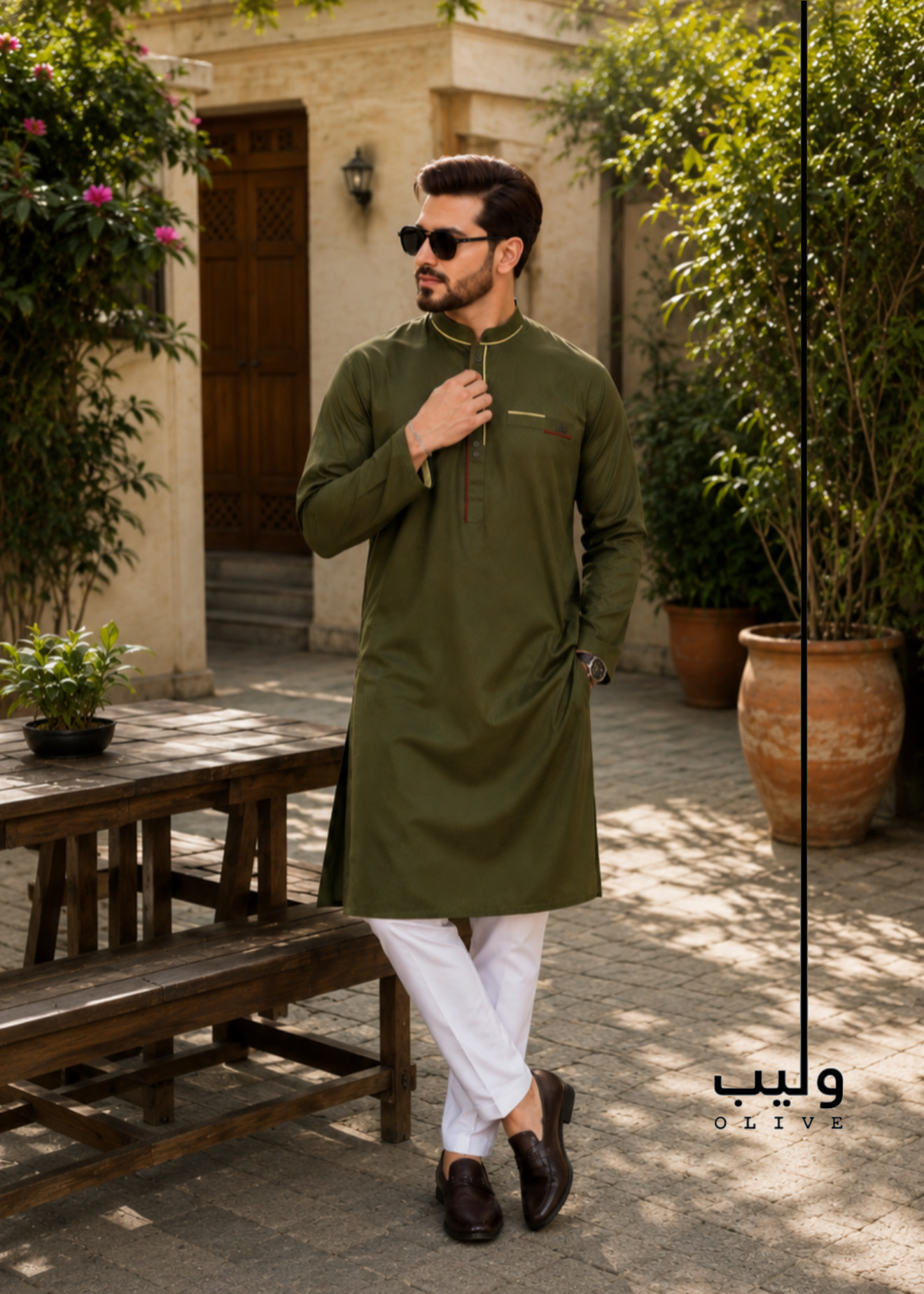 7BBD5E1E-E30D-4103-92E3-D7F1DAC57A32 Soldier Green Pattern Design Panjabi - Image 1