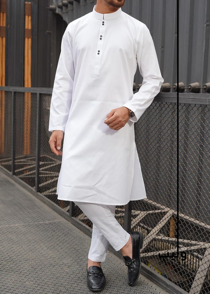 Jacquard White Panjabi - Olive