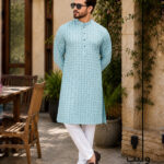 Columbia Blue Cotton Sateen Panjabi