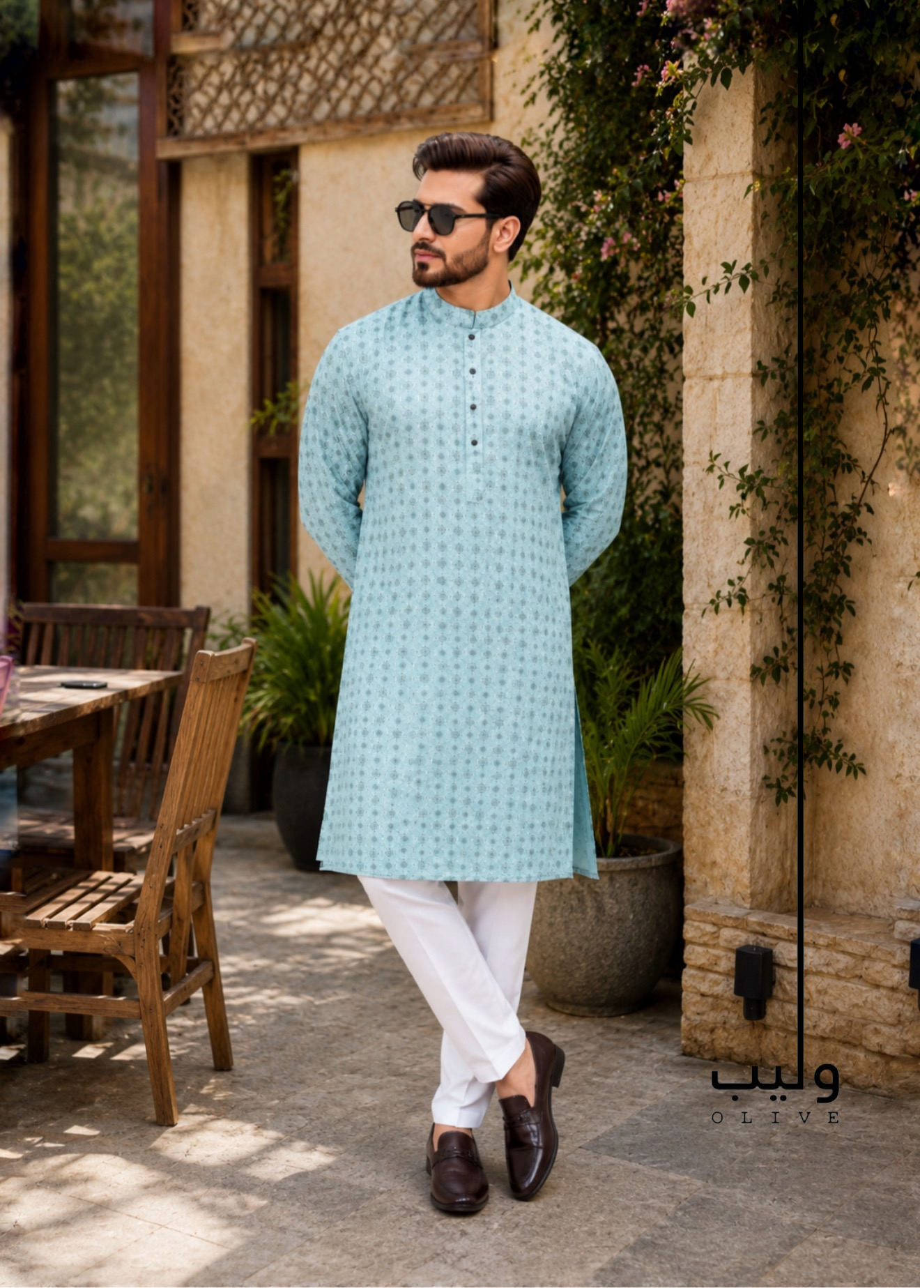 2AA26C2B-98B8-4C2C-A2A6-E6F42978254E Columbia Blue Cotton Sateen Panjabi - Image 1