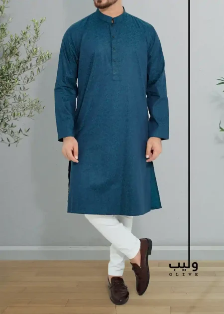 Metallic Blue Cotton Sateen Panjabi