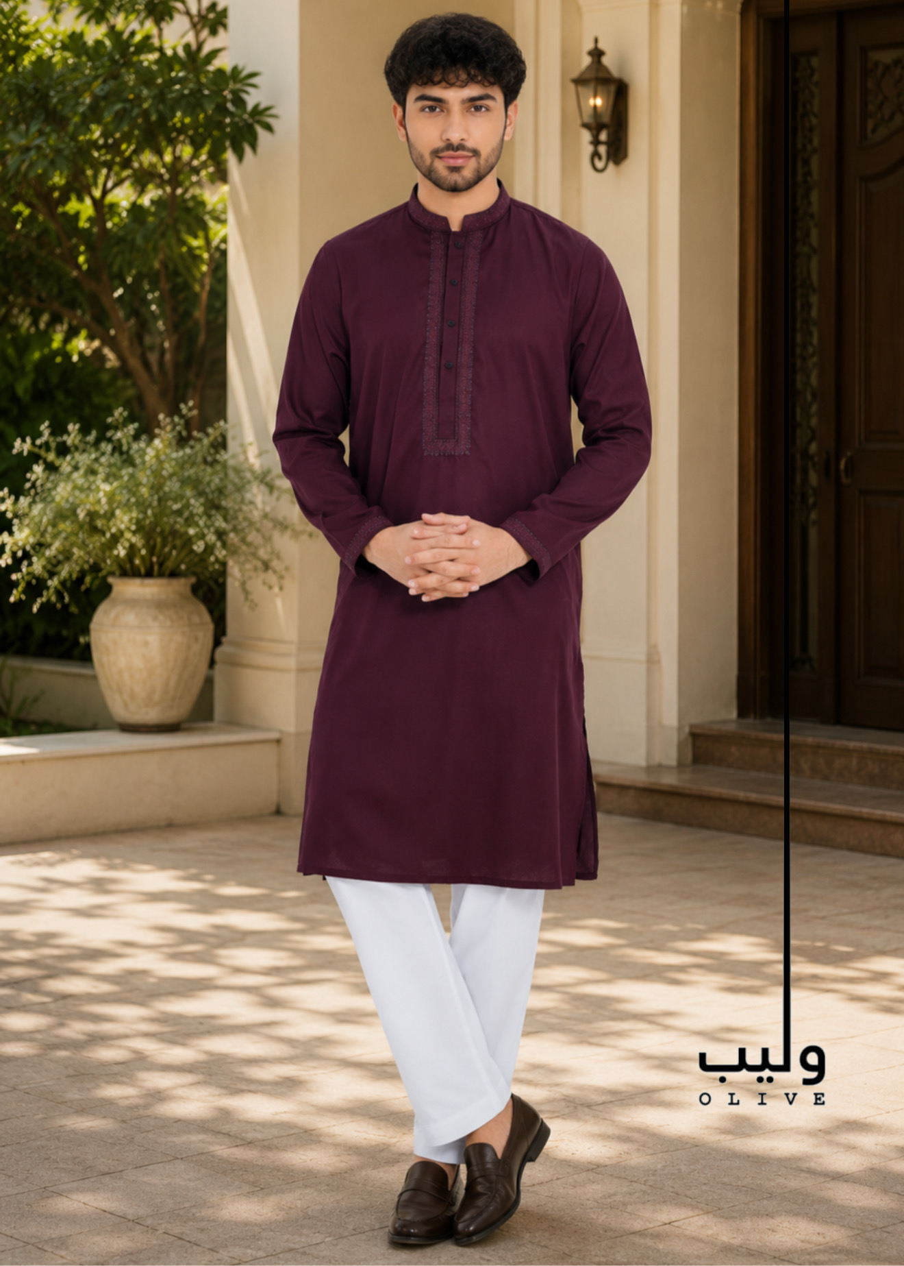 49CE7F33-D36F-444D-8C1C-8854E240E996 Raspberry Embroidery Panjabi - Image 1