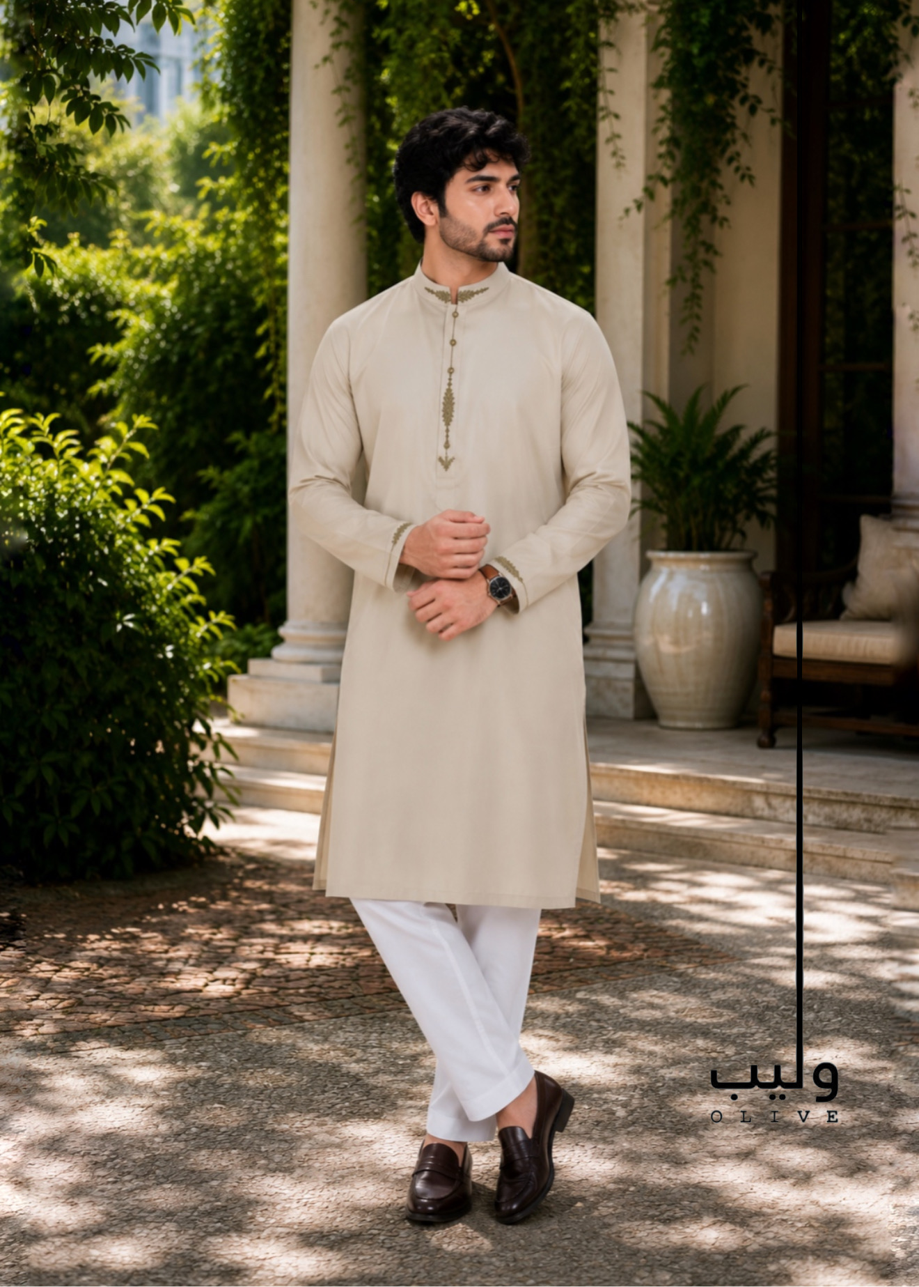 7C87B5B2-4718-4F8A-84E5-BDD543F6E904 Oyster White Cotton Embroidery Panjabi - Image 1