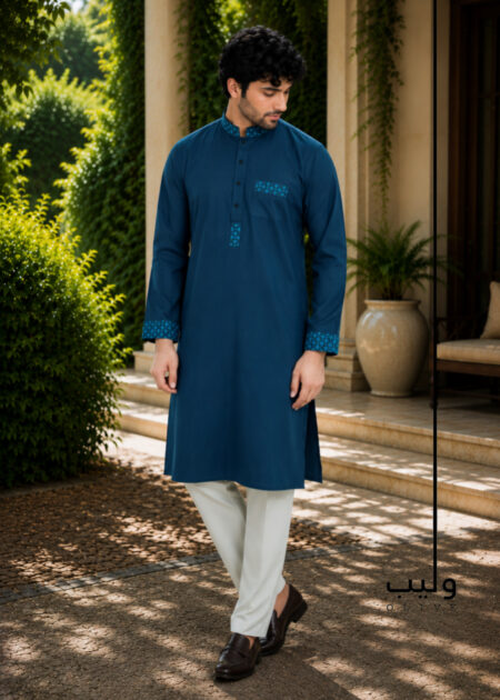 Steel Blue Cotton Embroidery Panjabi