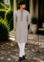 Silk Grey Traditional Embroidery Panjabi